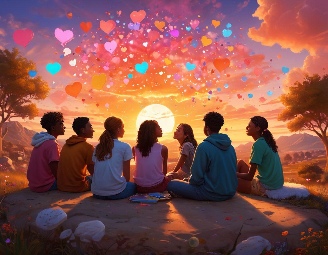 A group of diverse teenagers sitting in a circle, engaged in an animated conversation, surrounded by glowing hearts and colorful thought bubbles representing emotions. In the background, a vibrant sunset casts a warm glow, symbolizing hope and growth. The scene conveys friendship, trust, and the complexities of youthful attraction. super-realistic. vibrant colors. warm tones.