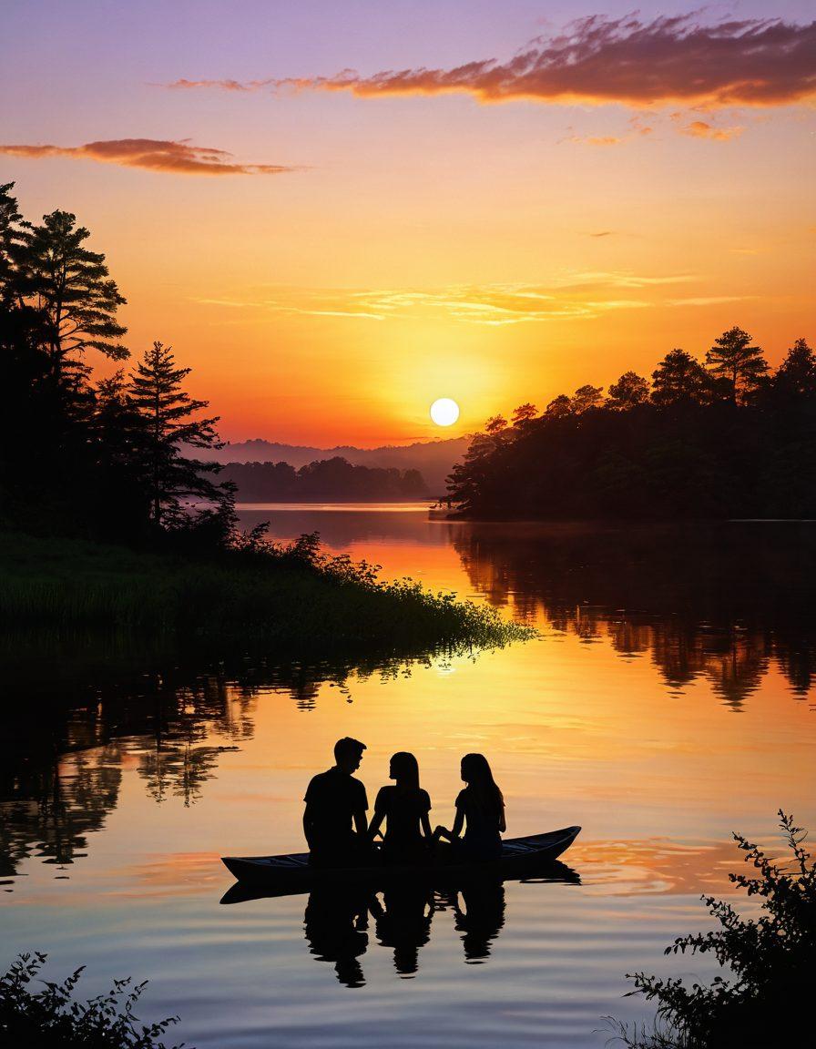 A serene lakeside scene at sunset, featuring two silhouetted teenagers in a subtle, tender moment, surrounded by soft rippling water. The background showcases lush greenery and gentle waves that reflect the colors of the sunset, conveying a sense of tranquility and exploration in youthful attraction. Dreamy and romantic atmosphere, enhancing the theme of relationships. vibrant colors. super-realistic.