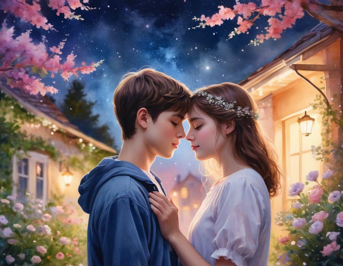 A dreamy, ethereal scene showcasing two teens, a boy and a girl, sharing a soft gaze under a starry night sky, surrounded by blooming flowers and twinkling lights. The atmosphere is filled with warmth and curiosity, representing the transition from innocence to experience. The background should feature subtle hints of a blooming relationship with soft, romantic tones. watercolor painting. vibrant colors. dreamy atmosphere.